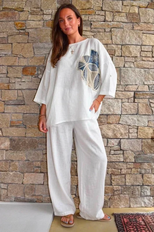 Lindin Linen Blend Crochet Flower Top White